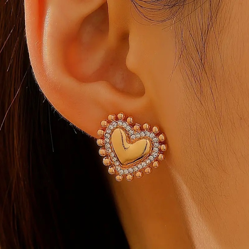 Gold Rhinestone Heart Stud Earrings - Picture 3 of 5